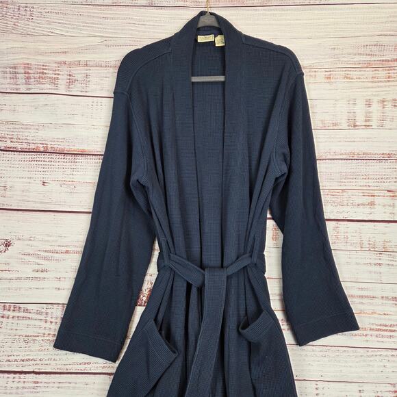 L.L. BEAN Men's Thermal Waffle Knit Robe M Navy Blue Cotton Blend Lounge Comfort - Picture 4 of 9